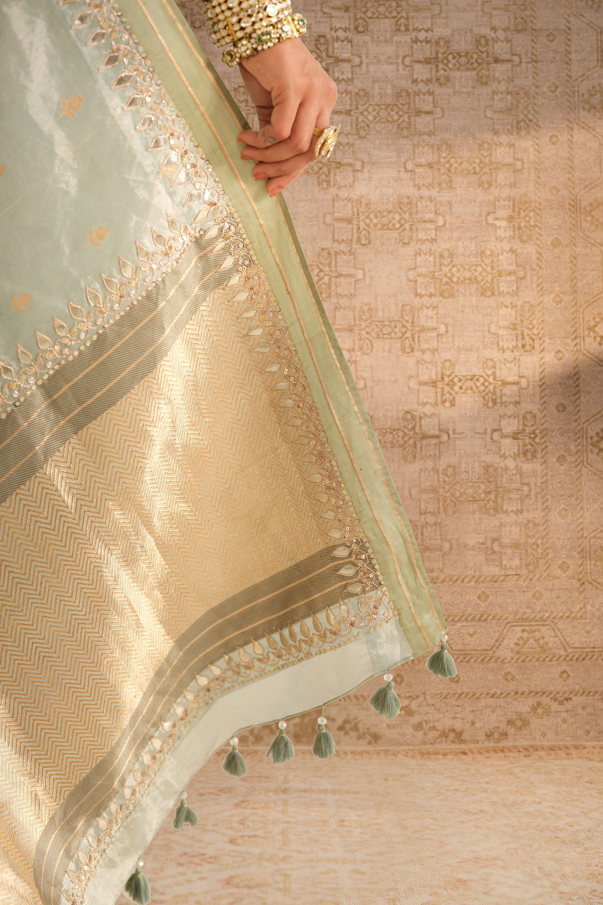 Asvitha Handwoven Benarasi Silk Saree - Sage, Sage Green, image 7